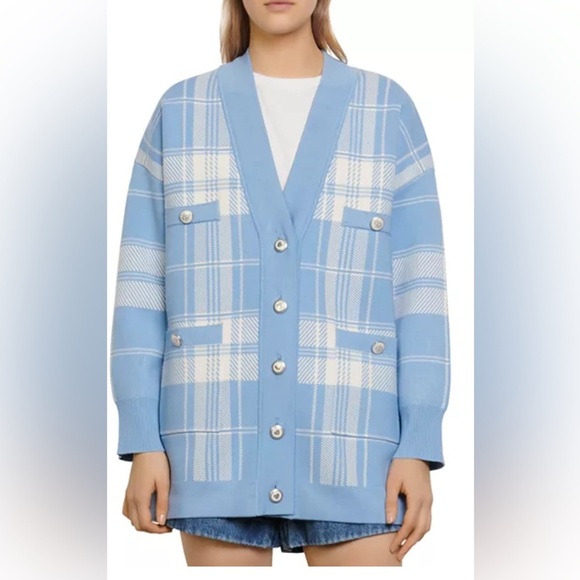 Sandro Check Oversized Blue Checked Cardigan—GORGEOUS!! France—Like New! Size 1 - Picture 1 of 12